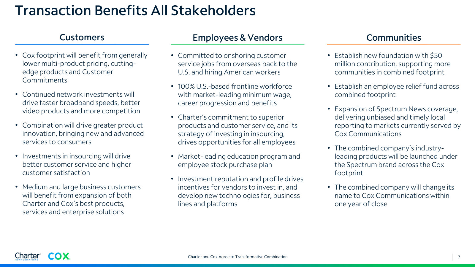 Stakeholder commitments, including the pledge to rename the combined company Cox Communications within a year of close.